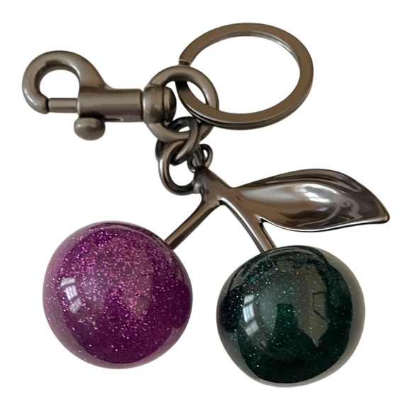Cherries Bag Charm/Keychain Sparkly Purple and Green with Gunmetal Hardware NWT - Picture 1 of 2